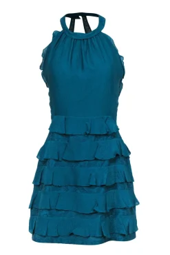 Rebecca Taylor - Teal Silk Mock-Halter Mini Dress w/ Lace & Ruffle Details Sz 8