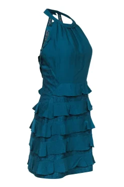 Rebecca Taylor - Teal Silk Mock-Halter Mini Dress w/ Lace & Ruffle Details Sz 8