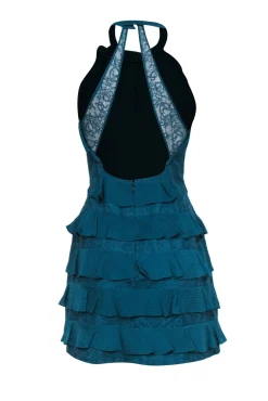 Rebecca Taylor - Teal Silk Mock-Halter Mini Dress w/ Lace & Ruffle Details Sz 8
