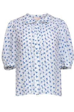 Rebecca Taylor - White & Blue Floral Print Puff Sleeve Silk Blouse Sz S