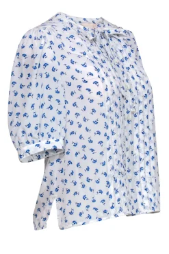 Rebecca Taylor - White & Blue Floral Print Puff Sleeve Silk Blouse Sz S