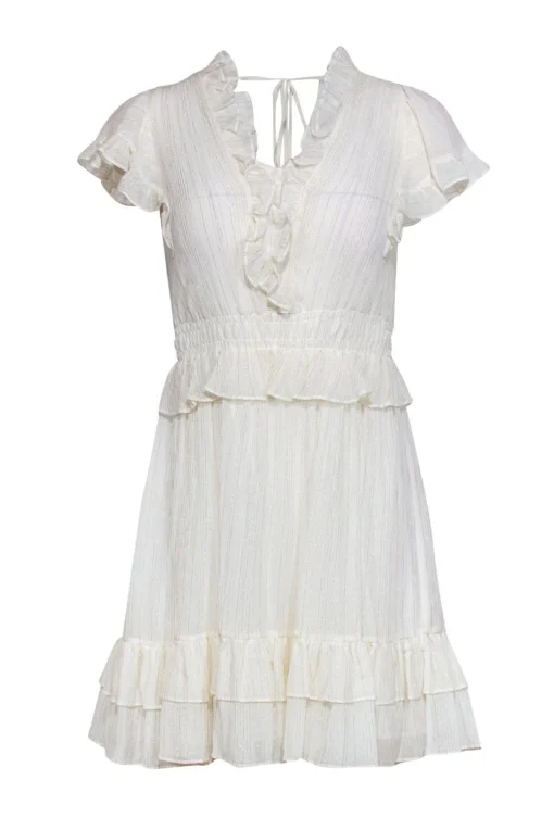 Rebecca Taylor - White Ruffle Cap Sleeve Fit & Flare Dress w/ Metallic Threading Sz XS