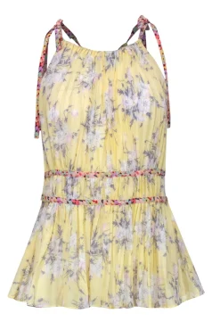 Rebecca Taylor - Yellow Floral Silk Pleated Tank w/ Contrasting Straps Sz 4