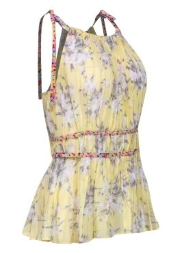 Rebecca Taylor - Yellow Floral Silk Pleated Tank w/ Contrasting Straps Sz 4