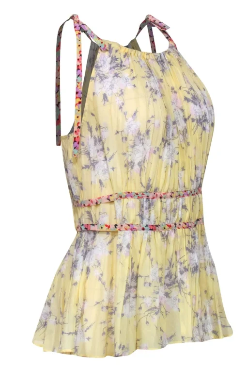 Rebecca Taylor - Yellow Floral Silk Pleated Tank w/ Contrasting Straps Sz 4