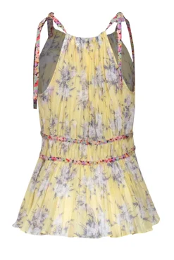 Rebecca Taylor - Yellow Floral Silk Pleated Tank w/ Contrasting Straps Sz 4