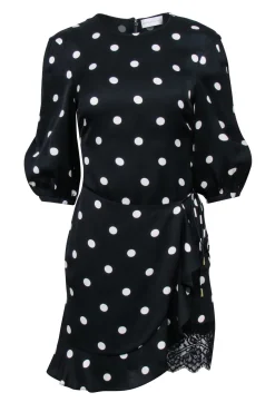 Rebecca Vallance - Black & White Polka Dot Print Mini Dress w/ Lace Trim Sz 2