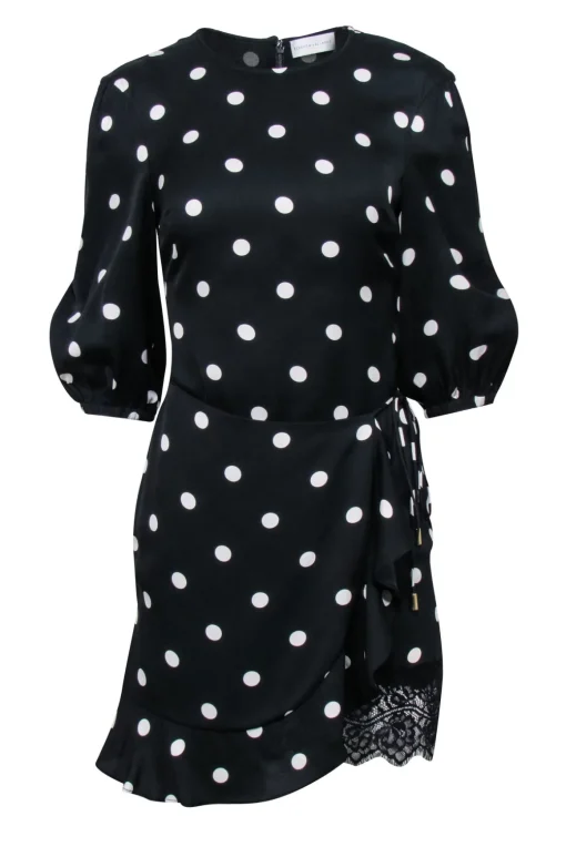 Rebecca Vallance - Black & White Polka Dot Print Mini Dress w/ Lace Trim Sz 2