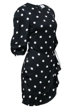 Rebecca Vallance - Black & White Polka Dot Print Mini Dress w/ Lace Trim Sz 2