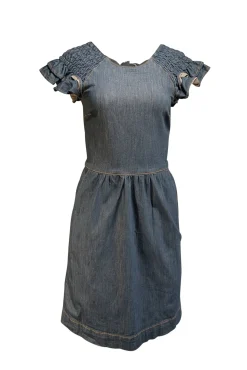 Red Valentino - Medium Wash Blue Denim Smocked Ruffle Cap Sleeve Dress Sz M