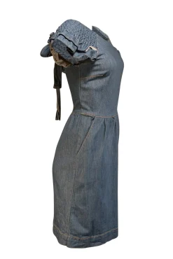 Red Valentino - Medium Wash Blue Denim Smocked Ruffle Cap Sleeve Dress Sz M