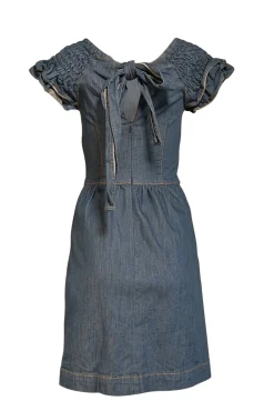 Red Valentino - Medium Wash Blue Denim Smocked Ruffle Cap Sleeve Dress Sz M