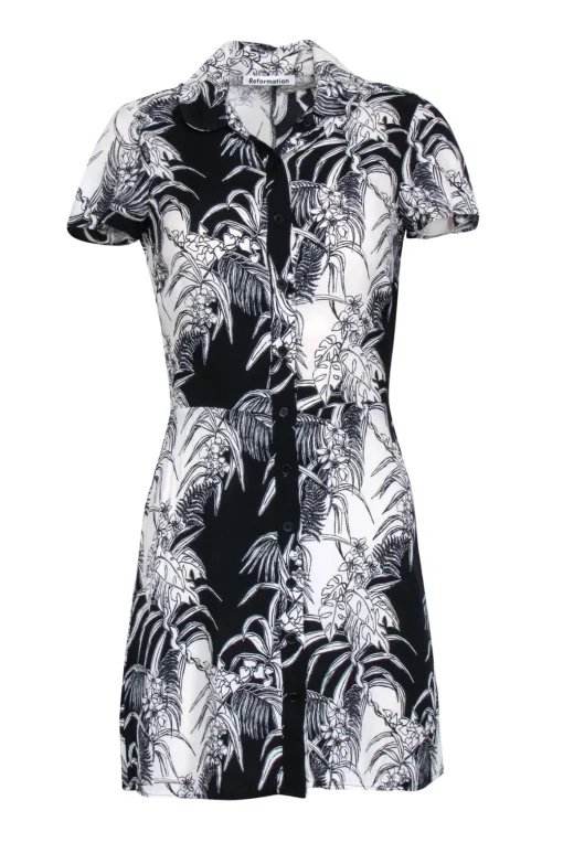 Reformation - Black & Ivory Print Short Sleeve Button Front Shirt Dress Sz 2