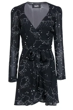 Reformation - Black Clouds & Stars Printed Mini Wrap Dress Sz S