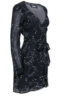 Reformation - Black Clouds & Stars Printed Mini Wrap Dress Sz S