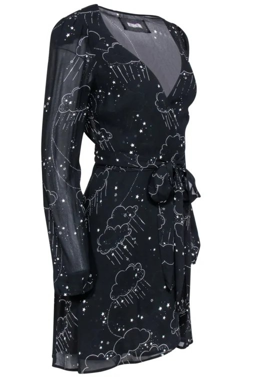 Reformation - Black Clouds & Stars Printed Mini Wrap Dress Sz S