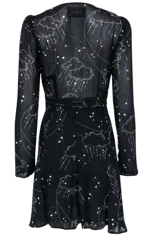 Reformation - Black Clouds & Stars Printed Mini Wrap Dress Sz S