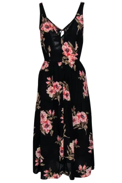 Reformation - Black, Pink & Green Floral Print Open Back Midi Dress Sz S