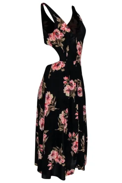 Reformation - Black, Pink & Green Floral Print Open Back Midi Dress Sz S