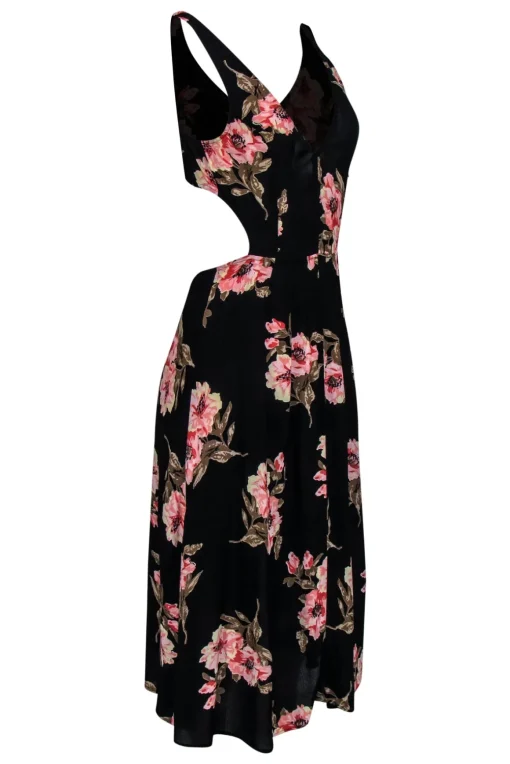 Reformation - Black, Pink & Green Floral Print Open Back Midi Dress Sz S