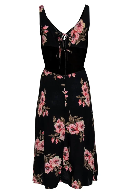 Reformation - Black, Pink & Green Floral Print Open Back Midi Dress Sz S