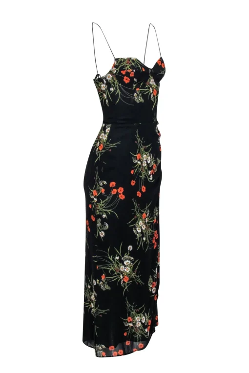Reformation - Black w/ Orange & Green Floral Print Midi Dress Sz 4