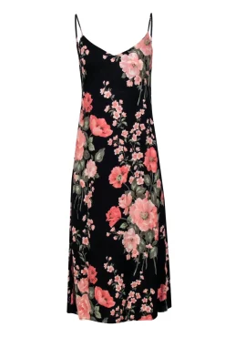 Reformation - Black w/ Pink Floral Print Tie-Back Midi Dress Sz 6