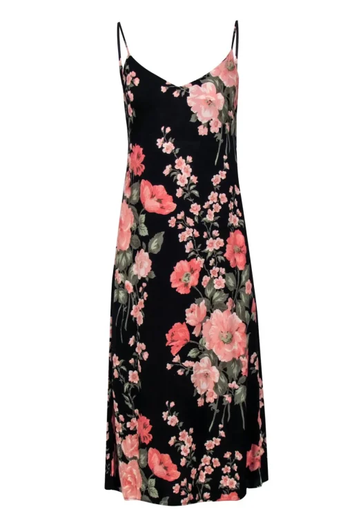 Reformation - Black w/ Pink Floral Print Tie-Back Midi Dress Sz 6