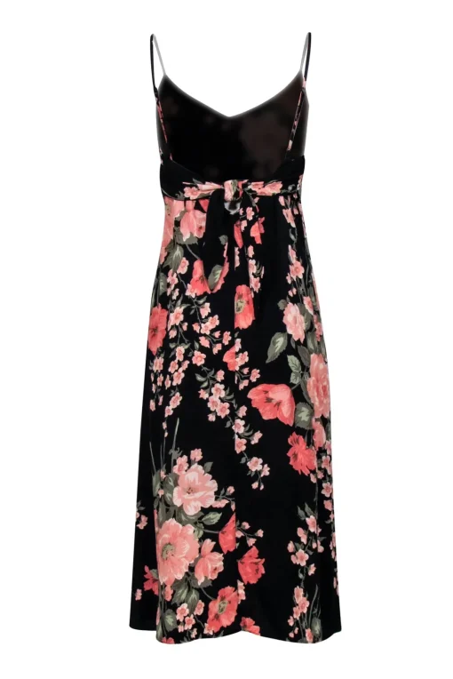 Reformation - Black w/ Pink Floral Print Tie-Back Midi Dress Sz 6