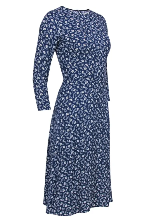Reformation - Dark Blue & White Floral Print Long Sleeve Midi Dress Sz 0