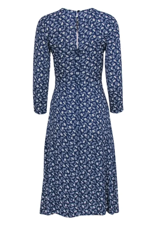 Reformation - Dark Blue & White Floral Print Long Sleeve Midi Dress Sz 0