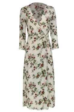 Reformation - Ivory, Red & Green Rose Print "Alessandra" Wrap Maxi Dress Sz XS