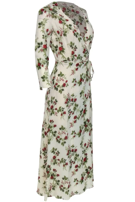 Reformation - Ivory, Red & Green Rose Print "Alessandra" Wrap Maxi Dress Sz XS