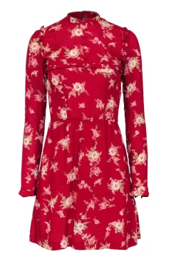 Reformation - Red Floral High Neck Mini Dress w/ Ruffle Trim Sz 0