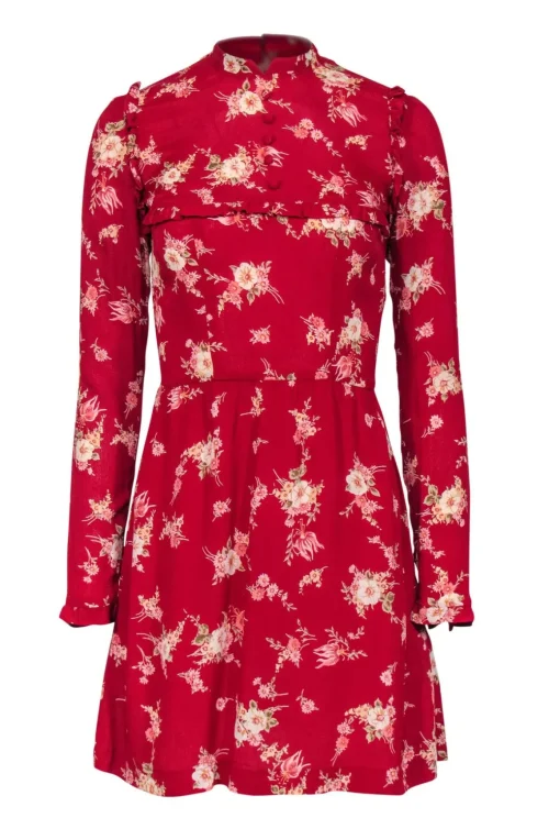 Reformation - Red Floral High Neck Mini Dress w/ Ruffle Trim Sz 0
