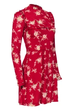 Reformation - Red Floral High Neck Mini Dress w/ Ruffle Trim Sz 0