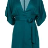 Reformation - Teal Crepe Wrap Mini Dress w/ Wide Sleeves Sz XS
