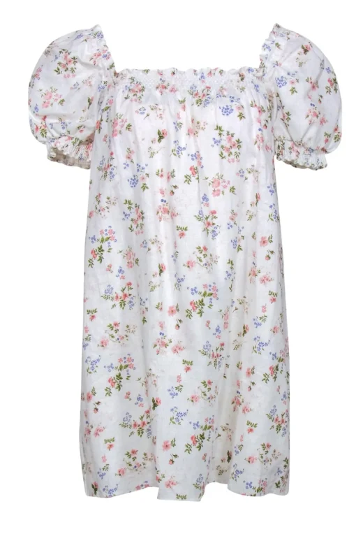 Reformation - White Floral Print Linen "Carsen" Puff Sleeve Shift Dress Sz L