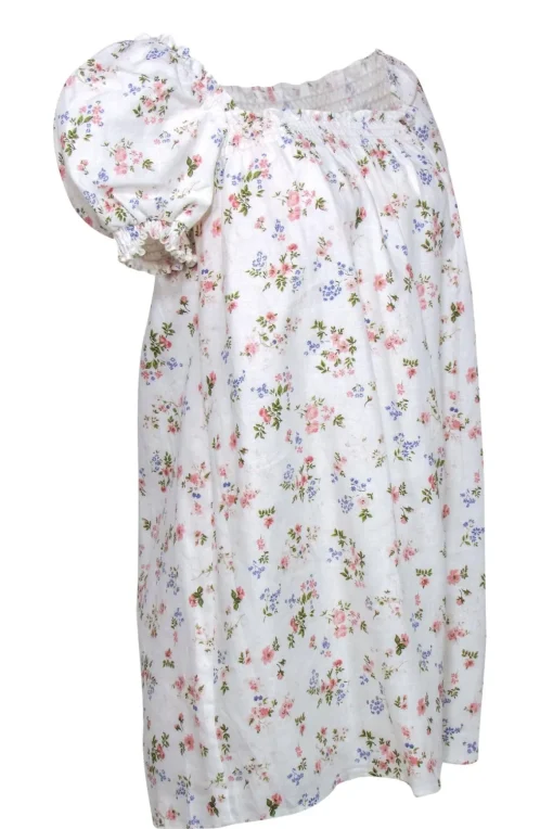 Reformation - White Floral Print Linen "Carsen" Puff Sleeve Shift Dress Sz L