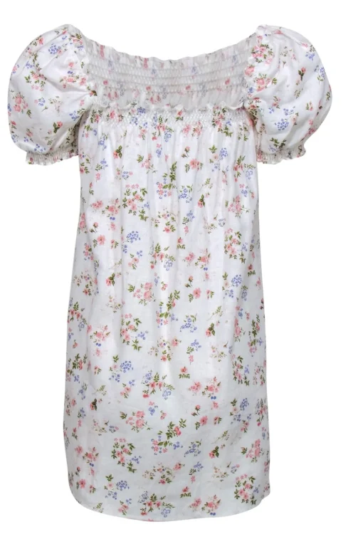 Reformation - White Floral Print Linen "Carsen" Puff Sleeve Shift Dress Sz L