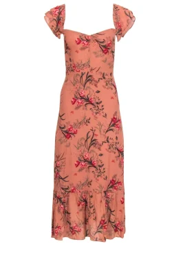 Reformation -Rust Orange w/ Mauve & Red Floral Print Maxi Dress Sz 4
