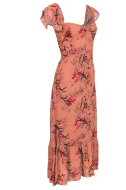Reformation -Rust Orange w/ Mauve & Red Floral Print Maxi Dress Sz 4