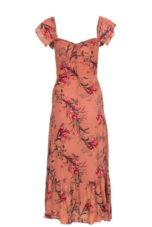 Reformation -Rust Orange w/ Mauve & Red Floral Print Maxi Dress Sz 4