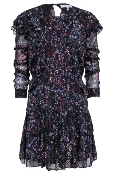 Reiss - Black Floral Print Ruffle Mini Dress Sz 8