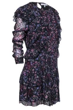Reiss - Black Floral Print Ruffle Mini Dress Sz 8