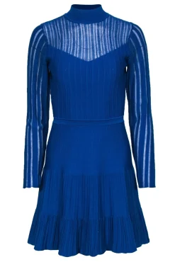 Reiss - Blue Mock Neck Ribbed Fit & Flare Dress w/ Flounce Hem Sz S