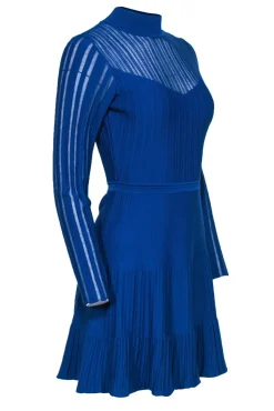 Reiss - Blue Mock Neck Ribbed Fit & Flare Dress w/ Flounce Hem Sz S