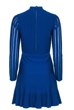 Reiss - Blue Mock Neck Ribbed Fit & Flare Dress w/ Flounce Hem Sz S