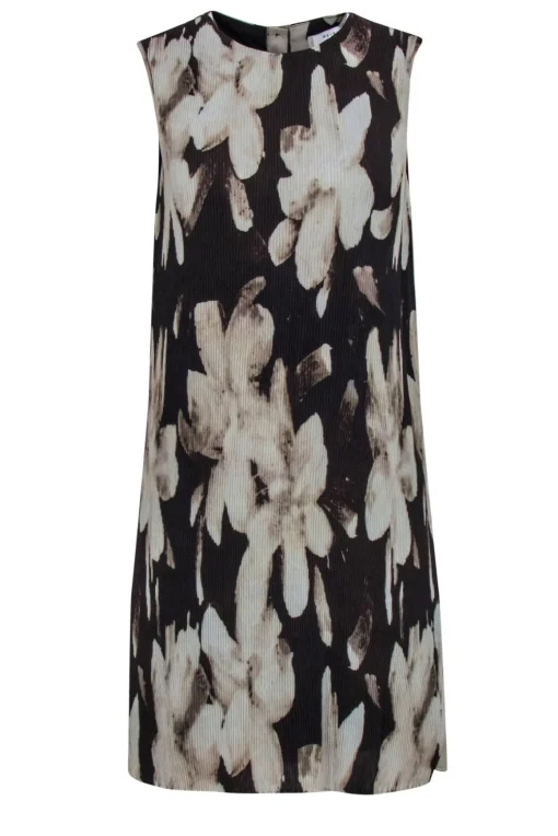 Reiss - Brown & Tan Abstract Floral Shift Dress w/ Pleated Front Sz 6