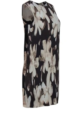 Reiss - Brown & Tan Abstract Floral Shift Dress w/ Pleated Front Sz 6